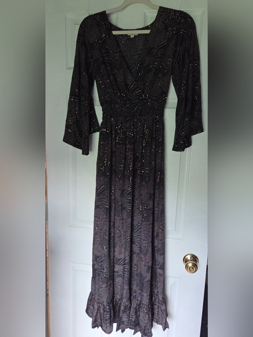 NWOT Smocked Waist Black Long Sleeve Printed Maxi Dress